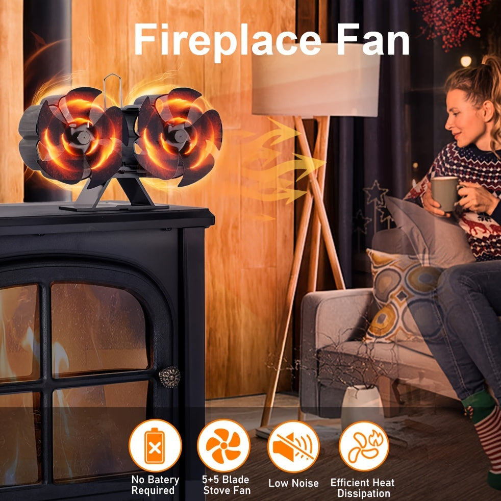 Fireplace Fan with Thermometer - Double-Headed 12-Blade Design, Heat-Powered Wood Stove Accessory for Improved Air Flow, No Electricity Needed