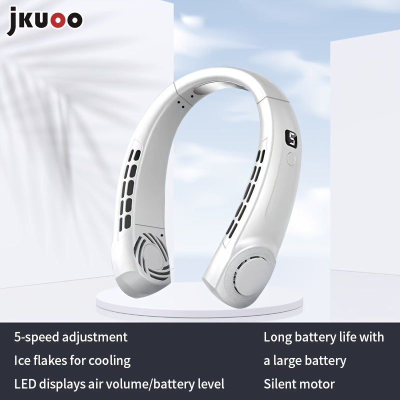 Stay cool on-the-go with the JKUOO Portable Neck Fan! This mini fan features a noise reduction system and is USB rechargeable for convenient use. The hands-free design allows for personal cooling with button control. Made of durable plastic material