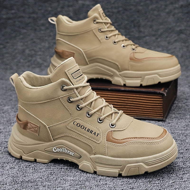 Men's high-top work boots by Coolbrat, durable and non-slip with reinforced PVC sole. Ideal for outdoor and casual wear, beige with mesh lining. Suitable for hiking and modern casual style.