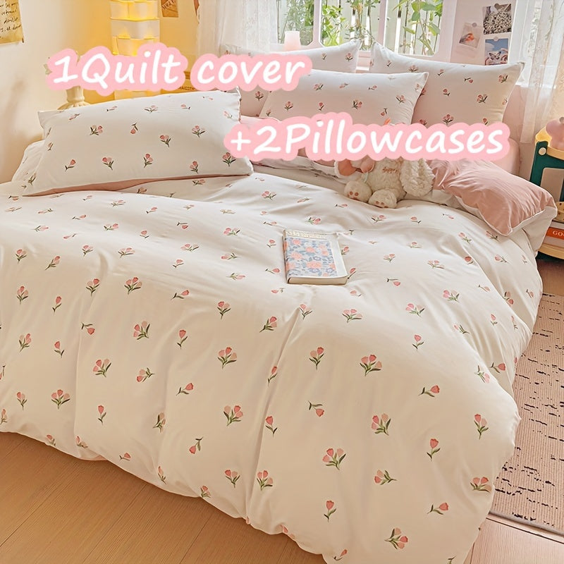 3-piece bedding set includes 1 quilt cover and 2 pillowcases with floral design. Cozy, breathable, and suitable for all seasons. Machine washable with no fading or deformation. Ideal for a