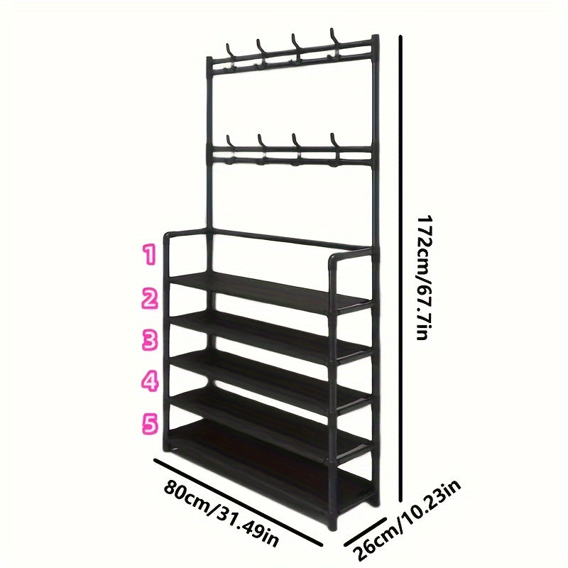 This versatile Metal Entryway Shoe Rack measures 80cm/31.49in wide and features 8 hooks for convenient storage of shoes, scarves, and hats. Perfect for entryways, living rooms, and bedrooms, this rack is easy to install and move around, requiring no wood