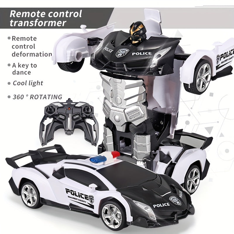 Remote control car transforms into robot, drifts 360°, with dynamic lights and USB rechargeable battery. Black and blue sports car design, great for outdoor play. Ideal birthday or holiday