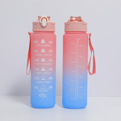 Lightweight water bottle with straw and time stamp, fixed hand strap prevents falling off, practical for daily outings and various sports, reasonable liquid capacity design for reassurance.