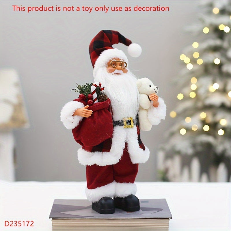 12-inch Classic Santa Claus Figurine in Red & Black Attire for Festive Home Decor during Christmas and New Year's. Made of Durable Synthetic Fiber, Ideal for Window or Tabletop Display in Homes, Shopping Malls, and Hotels.