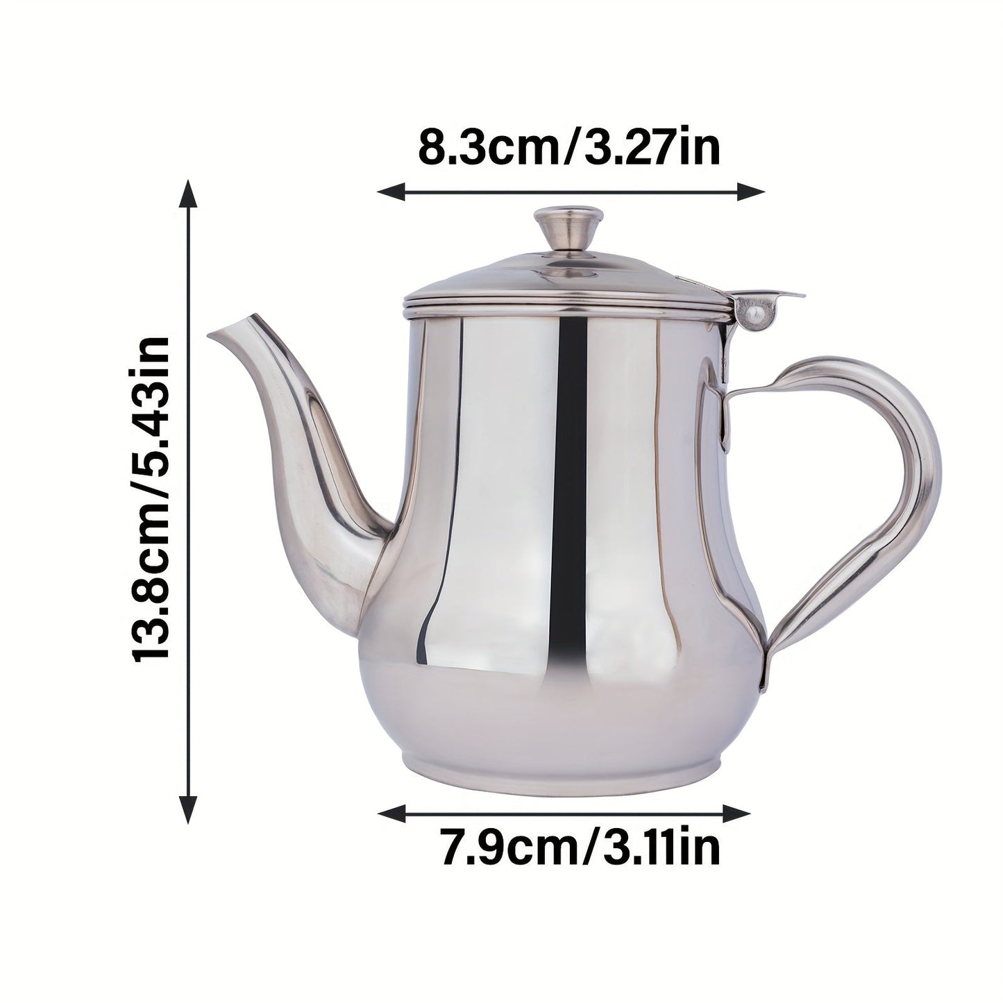 Silver Stainless Steel Gooseneck Teapot with 48oz Capacity and Integrated Filter, BPA-Free Metal Tea Kettle and Coffee Server, Multi-Purpose Oval Table Serving Pot for Home, Restaurant, Outdoor Use. Dishwasher Safe.