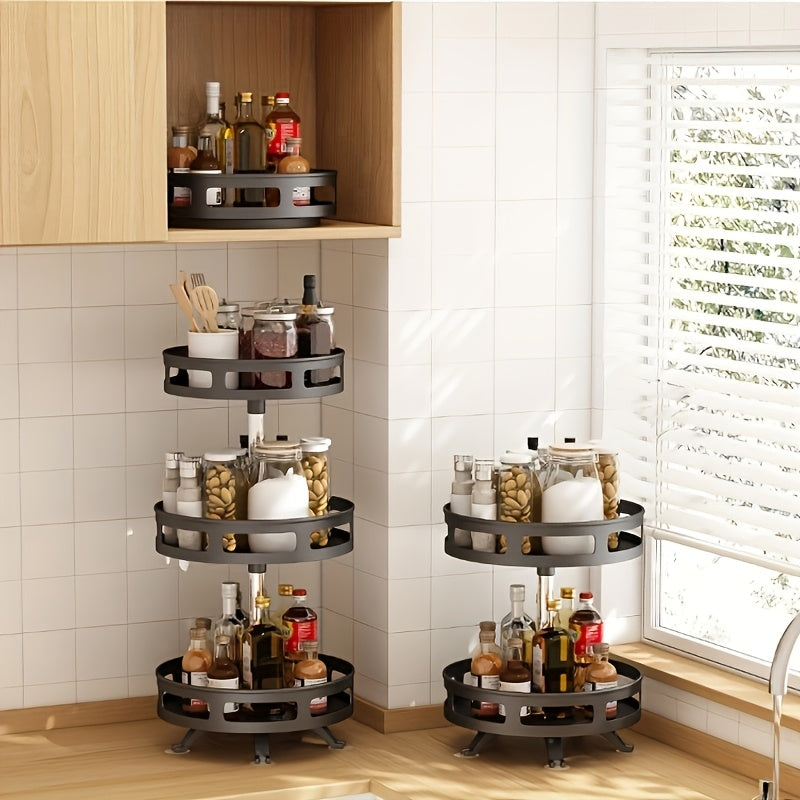 Rotating organizer for tableware, makeup, and spices to save space on countertops with non-slip design.