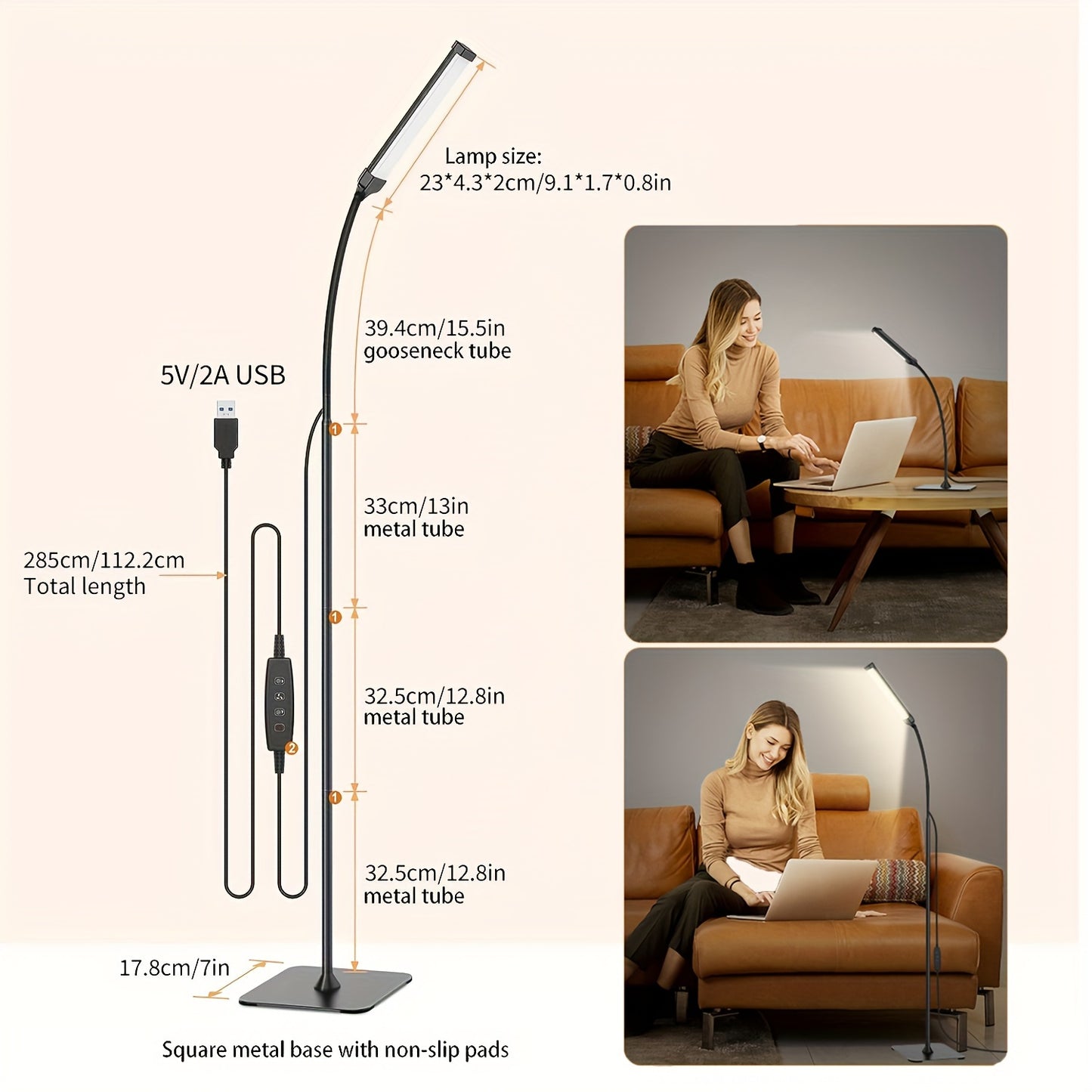 Dimmable floor lamp with 120 LEDs, 3 color modes, and 10 brightness settings. Compatible with 5V/2A adapter. Features flexible gooseneck for use in living rooms, bedrooms, and offices.