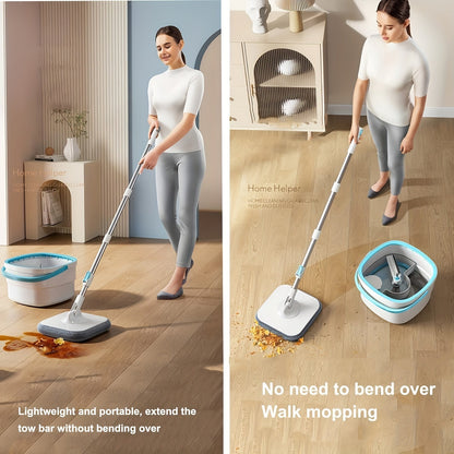 The set includes a 360° rotating microfiber mop with bucket, extendable handle, dual-use for wood and laminate, pet-friendly design, 2 pads included, integrated drain, easy-to-push handle, and is perfect for cleaning living room, kitchen, glass, walls