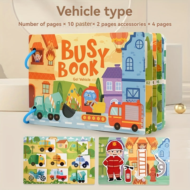 Interactive busy book for kids 3+ with gel vehicle theme, stimulating cognitive skills with vibrant illustrations and engaging activities, perfect educational toy for winter.