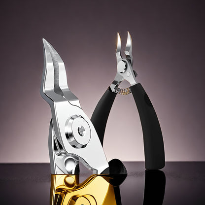 Stainless steel nail clipper set with edge trimmer and embedded toenail clipper for thick nails, designed for precision trimming and ingrown nails.