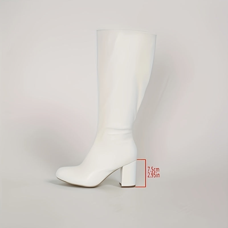 Knight boots for women with solid color, side zipper, chunky heel, and high knee design for a casual and stylish look.