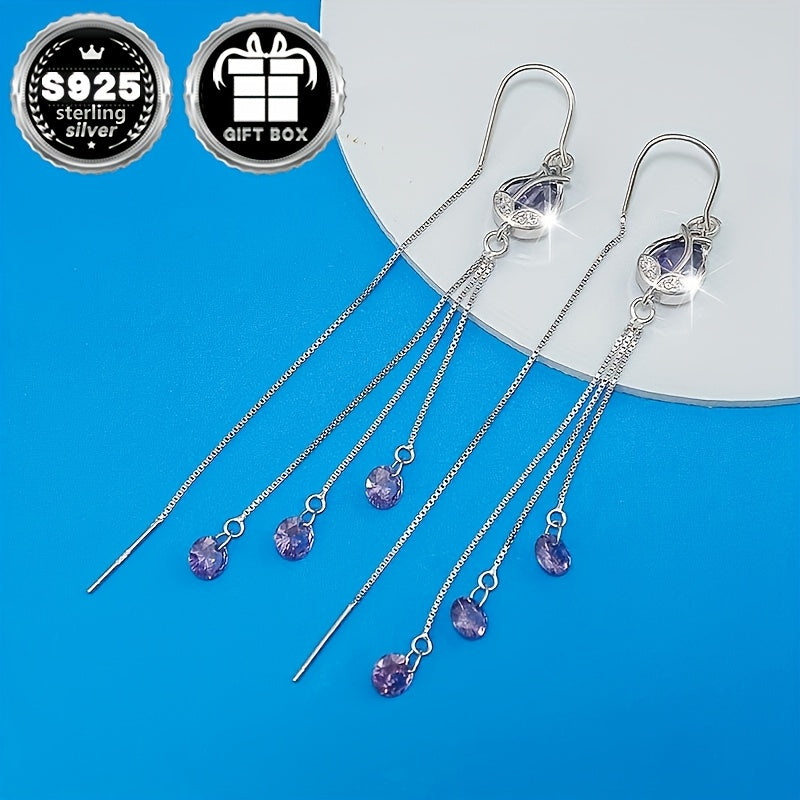 Vana Classic Simple Style 925 Sterling Silver Pendant Earrings featuring Synthetic Amethyst Cubic Zirconia, Untreated - 2PC Set, Total Weight 3.8g. Perfect for Wedding, Party, or Everyday Wear - Comes in Gift Box.