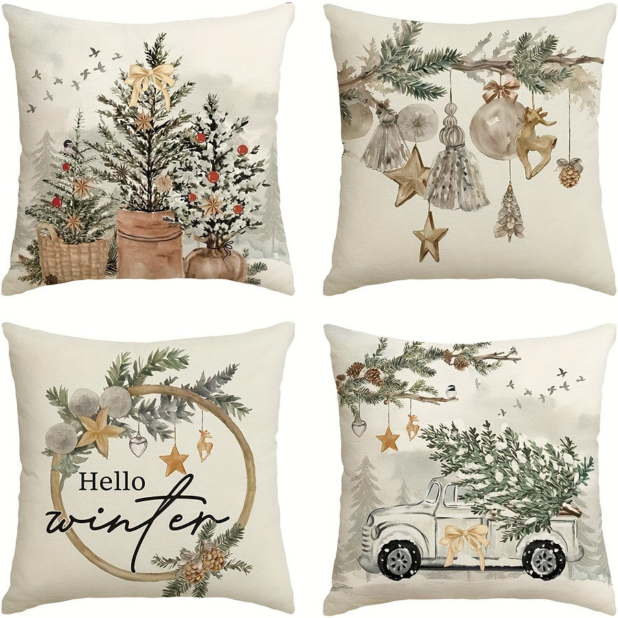 Four rustic linen pillow covers with winter and Christmas designs for home decor.