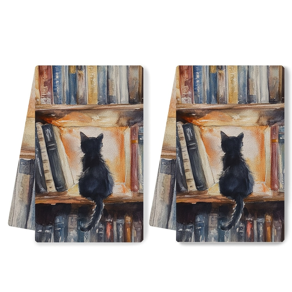 Two pieces of ultra soft kitchen towels featuring a charming library kitten design. These highly absorbent and machine washable dish hand towels measure a cozy 40.64x60.96 cm, making them perfect for home decor and practical for kitchen use.