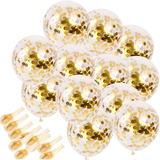 30 golden confetti latex balloons with golden paper dots, perfect for party decorations.