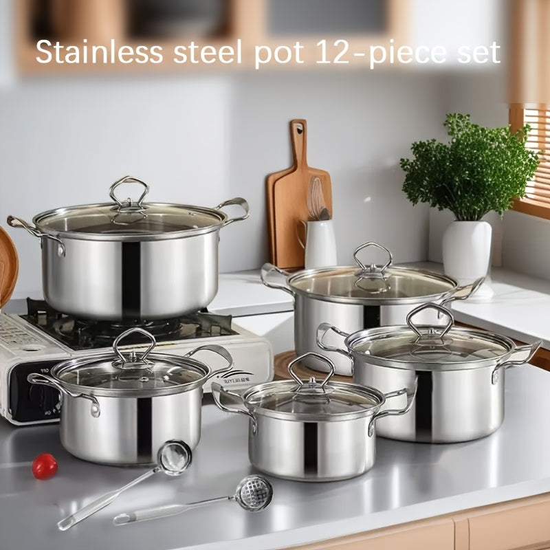 This 12-piece set includes a stainless steel stockpot with a single lid and double handles for easy grip. It comes with 5 pots, 5 pot lids, and two spoons, making it perfect for cooking soups, hot dishes, noodles, and seafood. This set is compatible with