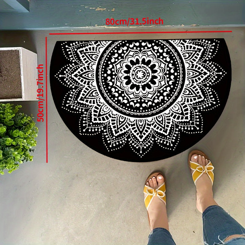 Non-Slip White Circular Lace Pattern Washable Polyester Doormat - Semi-Circle Shape, Elegant Entry Rug for Indoor, Outdoor, Bedroom, Hallway, Patio - Perfect as Photo Prop or Gift - Available in Various Sizes (15x23, 19x31, 23x35, 31x47 inches) - 1 piece