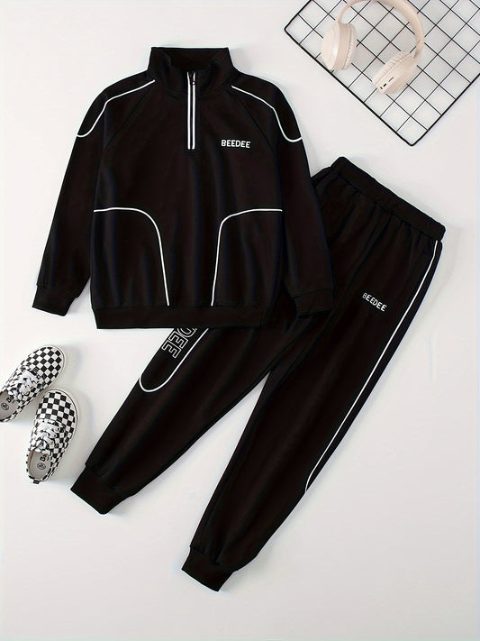 Boys' casual sportswear set includes zip-up jacket, joggers, and long sleeve shirt. Made of polyester, ideal for outdoor activities in spring and fall.