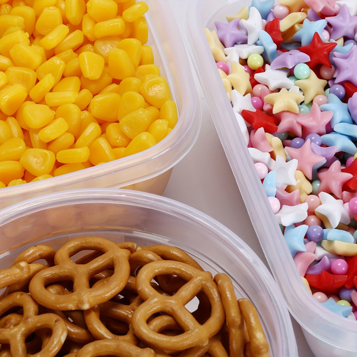 A collection of square and round plastic storage containers with airtight seals, perfect for keeping food organized in the refrigerator.