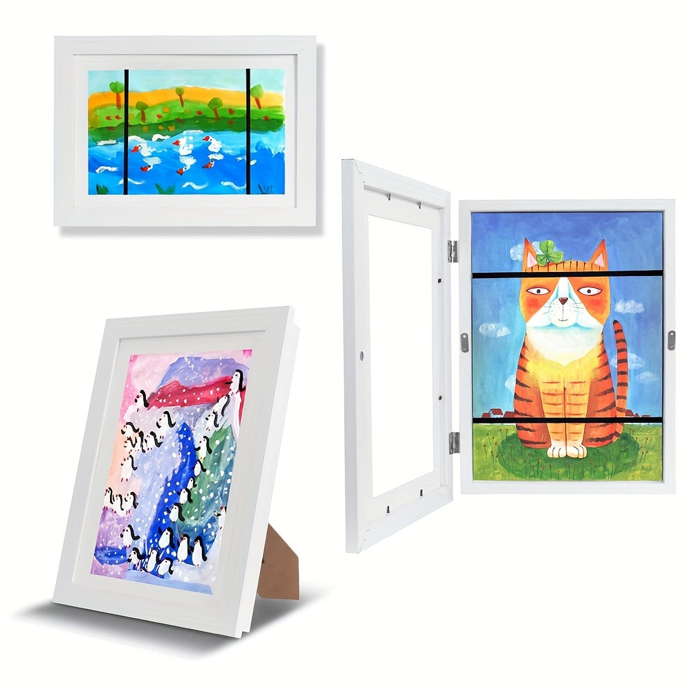 Black gallery frame for artwork, can be displayed vertically with easel back or hung on wall.