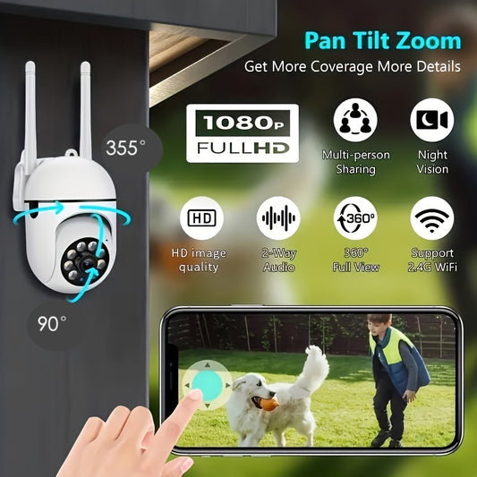 1080p HD WiFi security camera with pan tilt zoom, motion detection, two-way audio, color night vision, wall hanging capability, app control, audio alerts, USB powered, no battery - for home