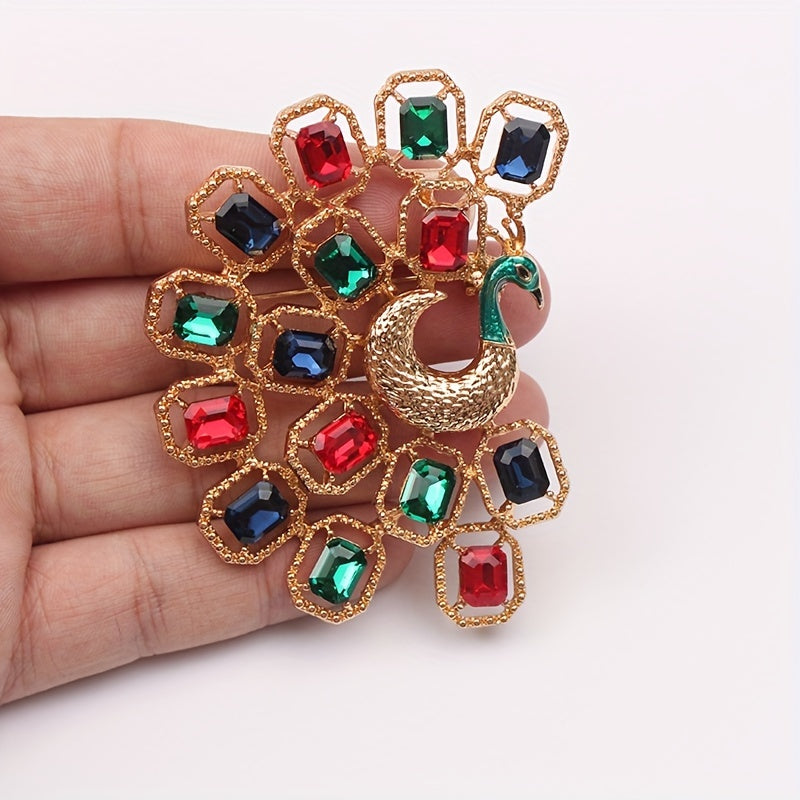 Vintage-inspired peacock enamel brooch pin adorned with sparkling rhinestones, exuding a unique French court style. This retro accessory, featuring an irregular shape, is a perfect addition to any woman's wardrobe.