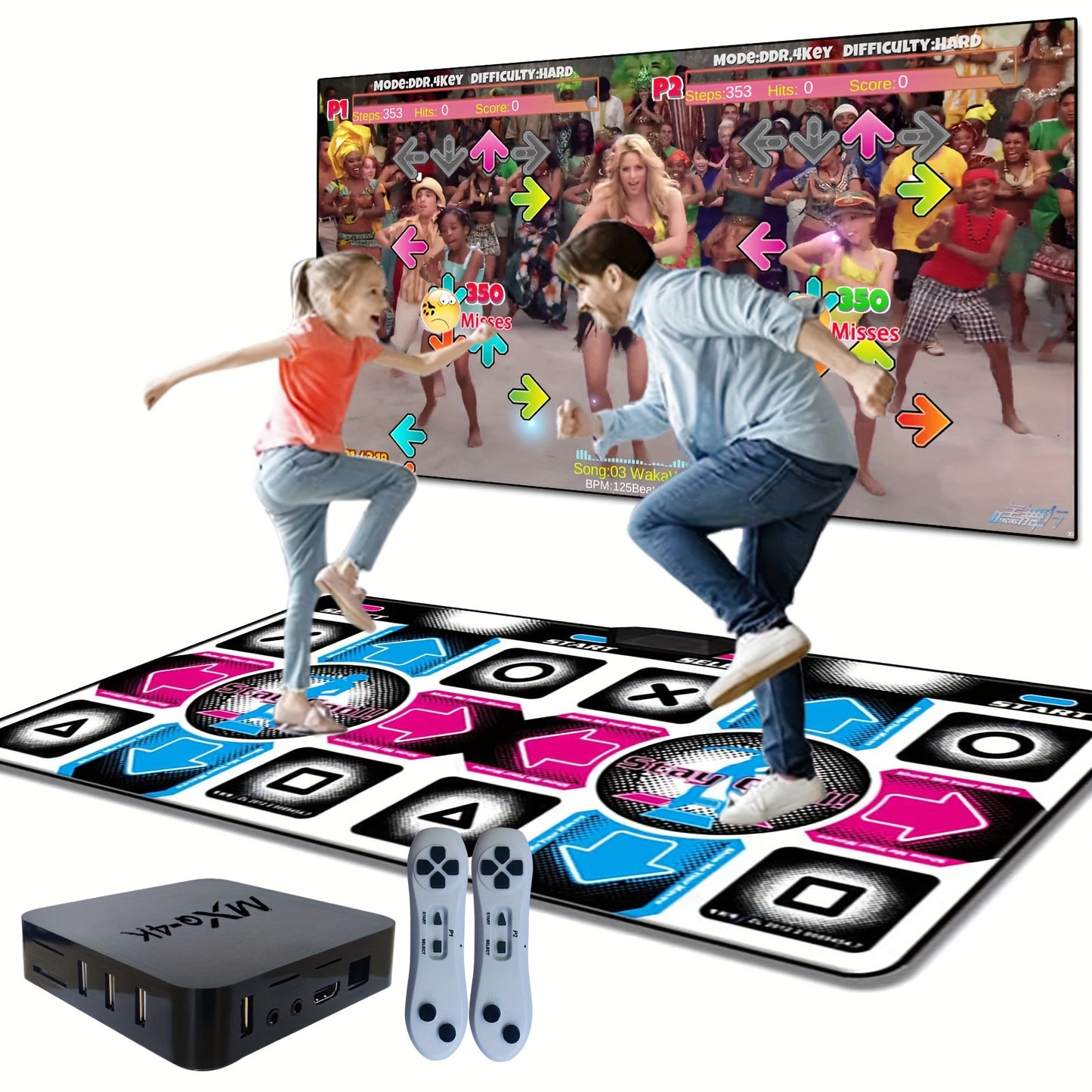 Dual-player dance mat with HD graphics, interactive dance game console, USB powered, PVC material, includes 2 gamepads, for ages 3-8, no batteries needed.