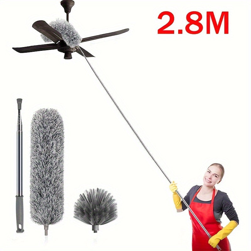 3-Piece Extendable Feather Duster Set with Horse Hair Head and Metal Handle, 360° Cleaning Brush for Ceiling Fans and Spider Webs, Suitable for Indoor/Outdoor Use with 100-Inch Stainless Steel Pole - No Power Required