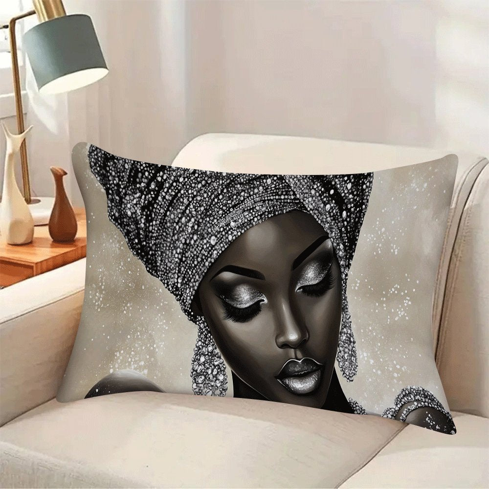 Two African Woman Themed Polyester Pillow Covers in Casual Style, Machine Washable with Zipper Closure. Space-Themed Decorative Cushion Cases designed for Back Sleepers, offering All-Season Comfort for ages 14 and up.