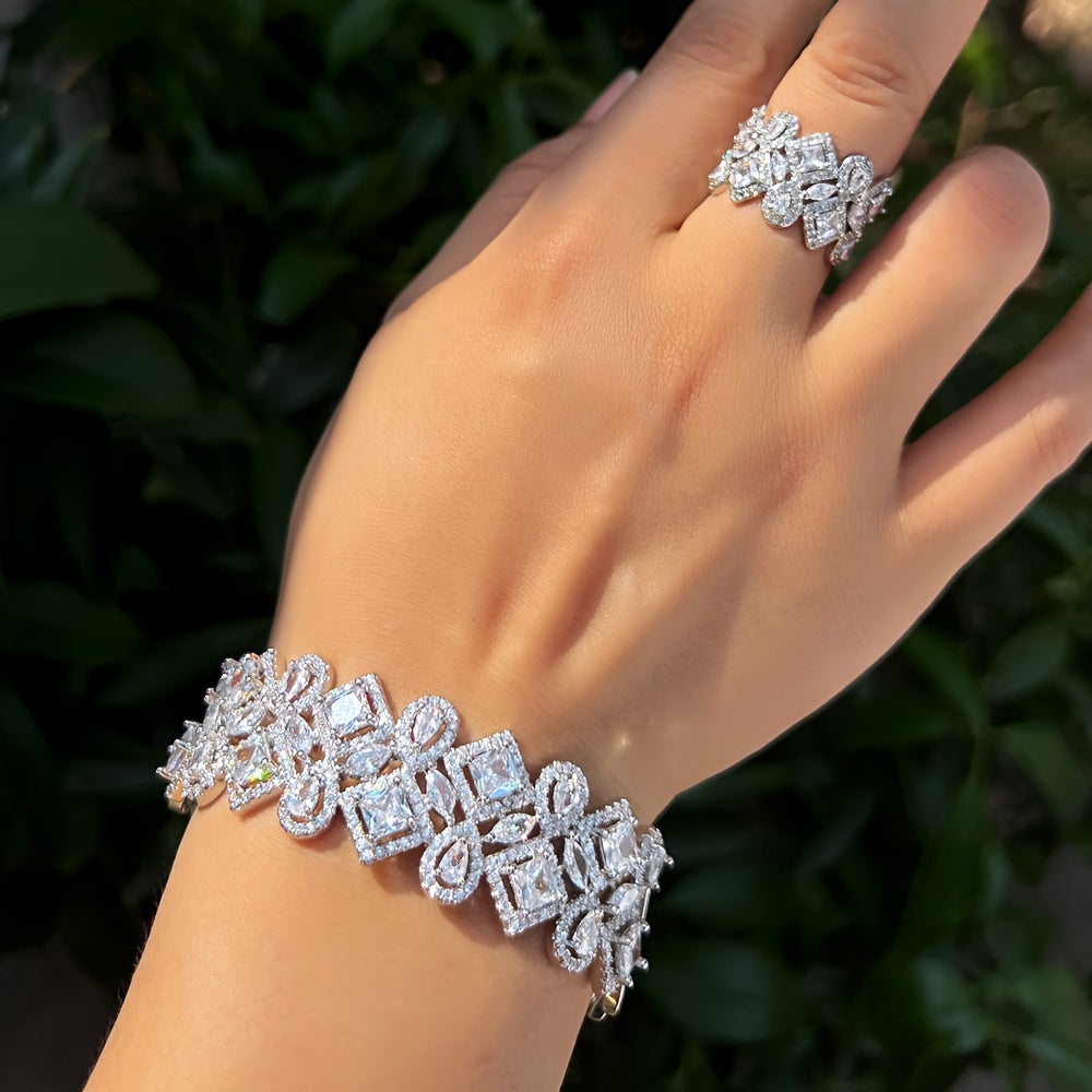 Elegant Square Zirconia Bangle and Ring Set for Women, Perfect for Bridal Wedding and Vintage Evening Parties