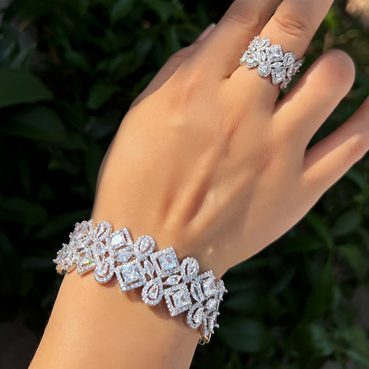 Elegant Square Zirconia Bangle and Ring Set for Women, Perfect for Bridal Wedding and Vintage Evening Parties