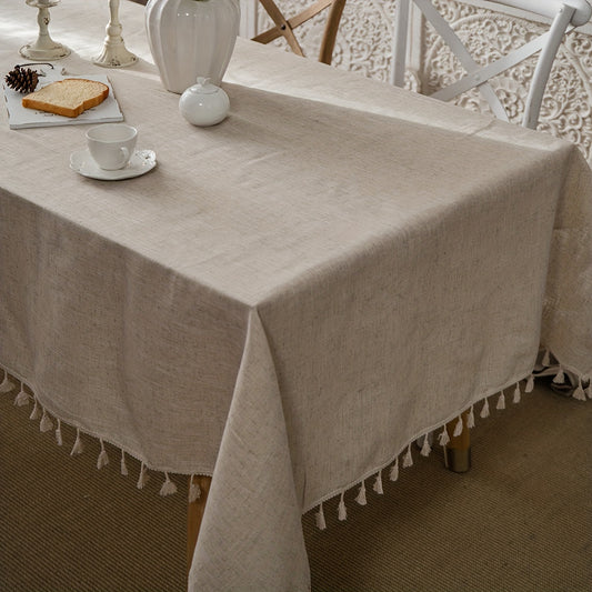 Rustic Beige Tassel Tablecloth, Rectangular Polyester Blend with Fringe Detail, Ideal for Country Home Decor and Dining/Coffee Tables