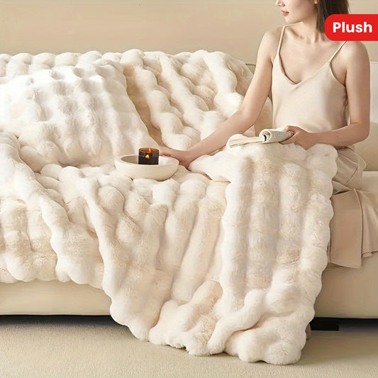 Get cozy with this versatile 1pc Double-sided Rabbit Fleece Blanket. Made with soft faux fur plush material, this solid color blanket is perfect for keeping warm on the couch, sofa, office, bed, camping, or travel. It also makes a great multi-purpose