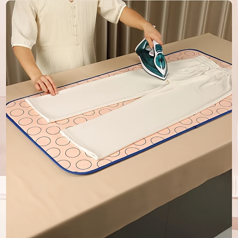 This three-piece set includes a high temperature resistant foldable ironing pad, ironing insulation net, and silicone ironing pad. It provides layered protection, waterproof steam insulation, and is portable for travel or home use.