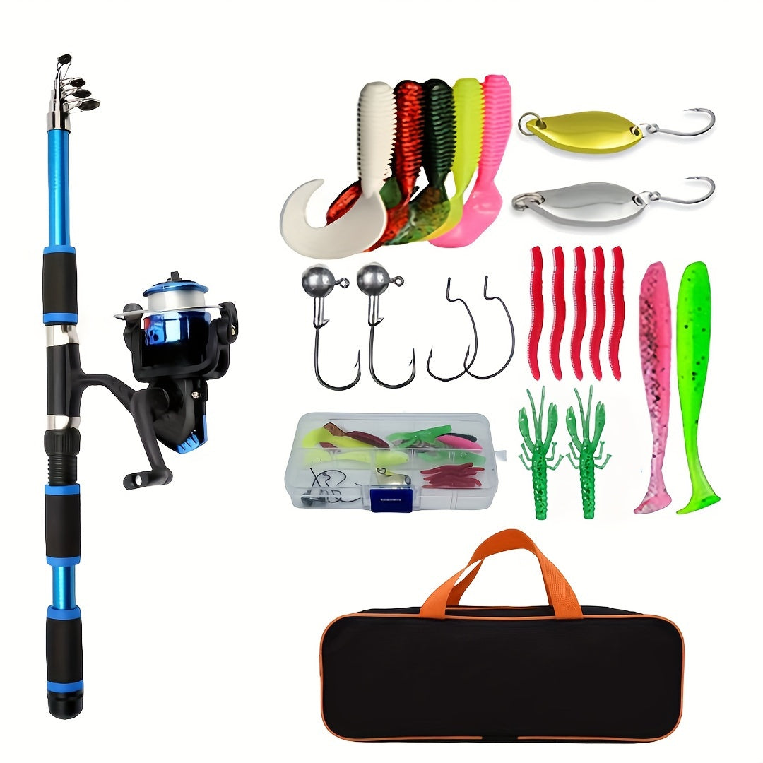 All-in-one fishing rod kit with telescopic rod, spinning reel, bait hooks, and travel set.