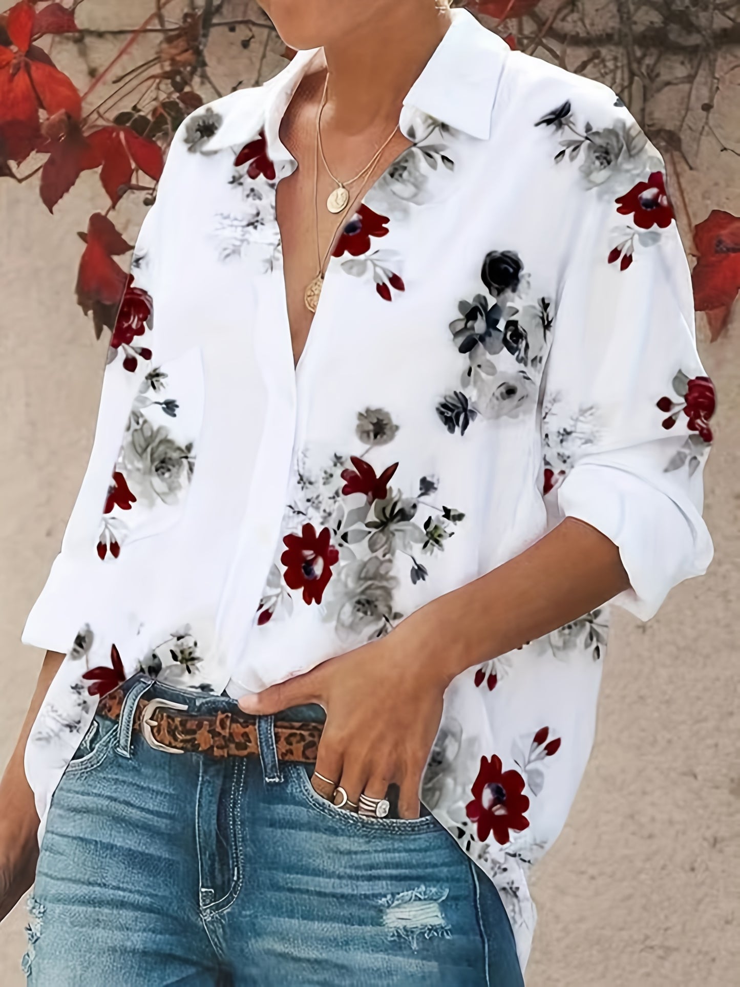 Women's plus size casual blouse with floral print, button-up front, long sleeves, and turn-down collar.