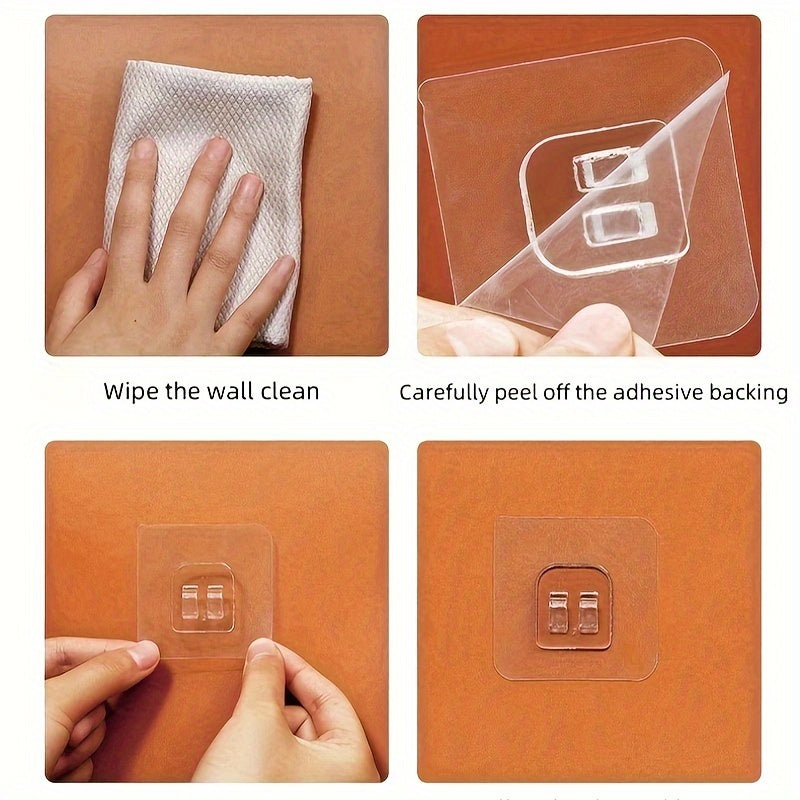 Versatile self-adhesive transparent wall hook for various uses.