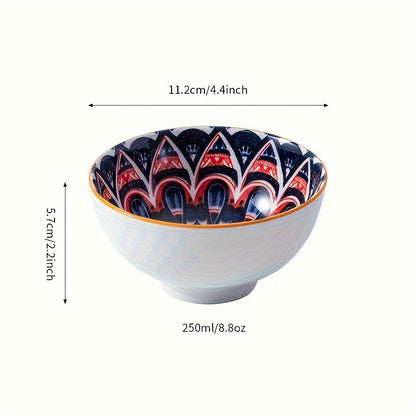 Handmade Bohemian ceramic bowl gift set featuring vibrant orange and blue mandala design. Ideal for serving cereal, ice cream, or pasta. Includes 2/4/6 bowls with elegant storage box. Perfect for holiday gatherings, Christmas, or Thanksgiving.