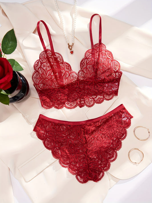 Women's sexy floral lace lingerie set with scallop trim bra and cut out panties.