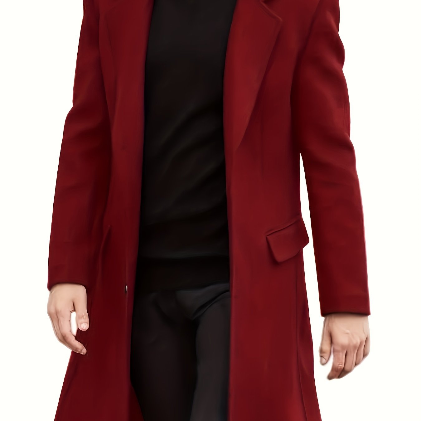 Stylish plus-size men's red long coat with double-breasted buttons and fleece lining for fall/winter. Machine washable formal wear.