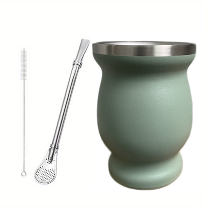 Set includes 8oz Yerba Mate cup, bombilla straw, and brush. Stainless steel vacuum tea cup with heat insulation. Perfect for gifting.