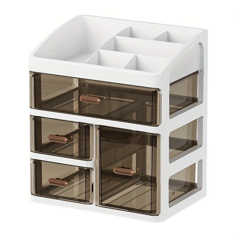 Large capacity plastic cosmetic organizer with drawers for skincare, makeup, and various essentials. Suitable for bathroom, bedroom, or kitchen storage.