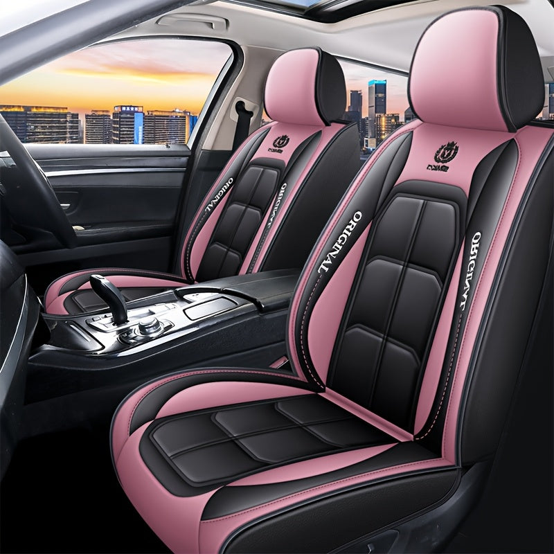 Durable PU leather car seat covers with red stitching and storage bags.