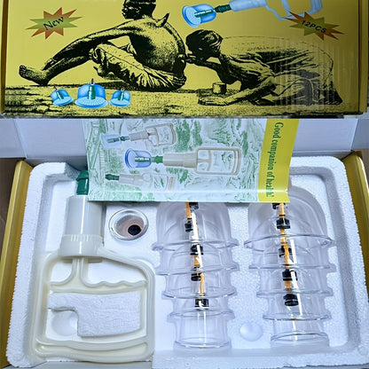 Massage Cupping Set with multiple vacuum cups, hand pump, and detailed manual for massage therapists and Chinese acupuncture. Portable with vacuum suction.