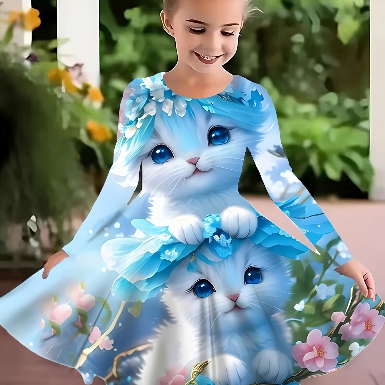 Cute long-sleeve dress for girls with kitty and floral design. Made of lightweight polyester, ideal for spring and fall events. Available in light green, navy blue, and sky blue.