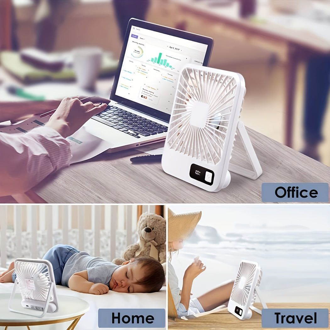 The Goard Ultra-Quiet Portable Desk Fan features a 180° swivel, 5-speed adjustable wind settings, USB rechargeable battery, power display - Ideal for use in home, office, travel, and outdoors.