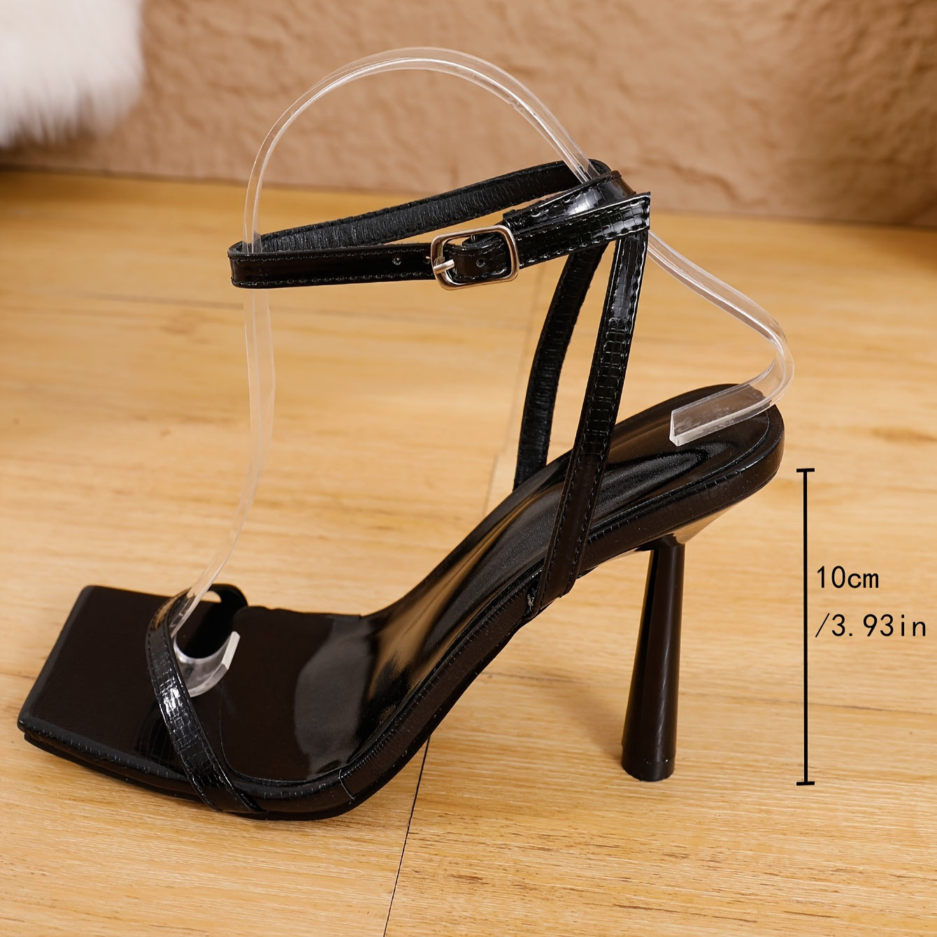 Stylish high heel sandals with breathable PU upper, comfortable insole, and buckle closure.