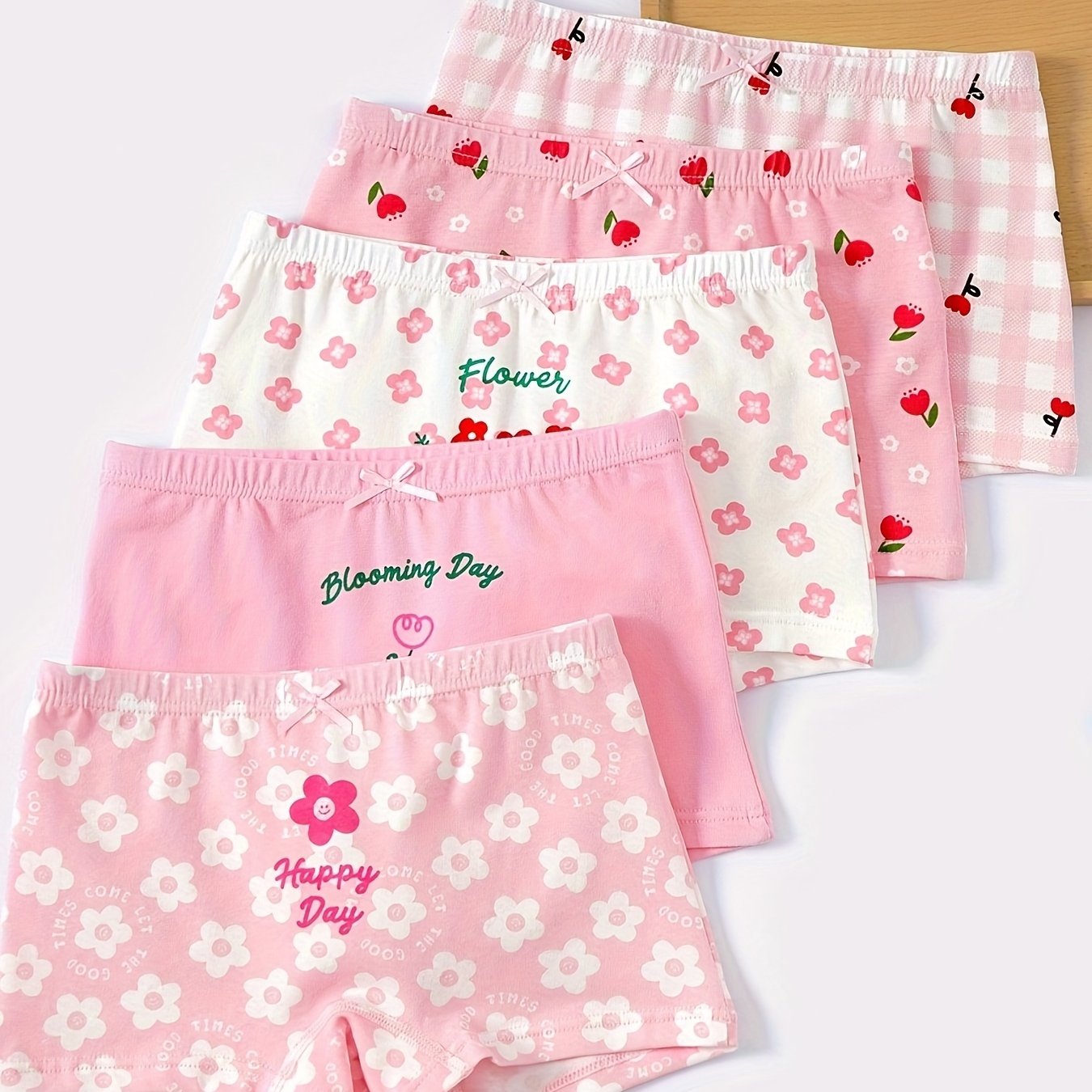 Girls' 5-pack Cotton Boxer Briefs with Floral & Cartoon Patterns, Medium Stretch Knit Fabric, All-Season Comfort Fit, Fake Drawstring Detail