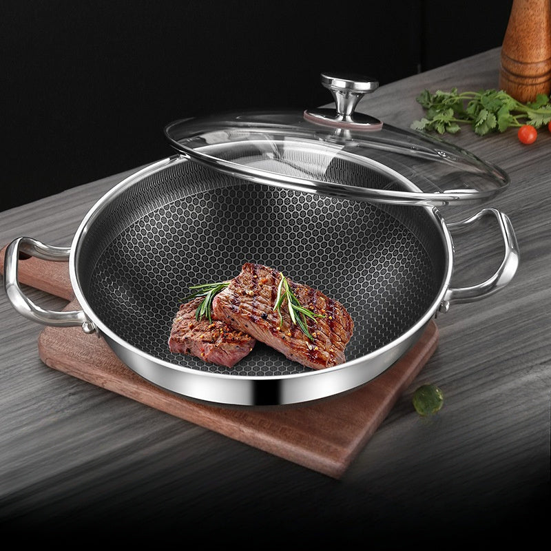 Durable Non-Stick Frying Pan Set - Three Sizes (30.48cm/33.02cm/35.56cm) with Dual-Sided Honeycomb Design for Easy Cooking, Minimal Smoke, Suitable for Induction & Gas Stoves. Made of Stainless Steel and Food-Grade Materials. Lid Available for Purchase.