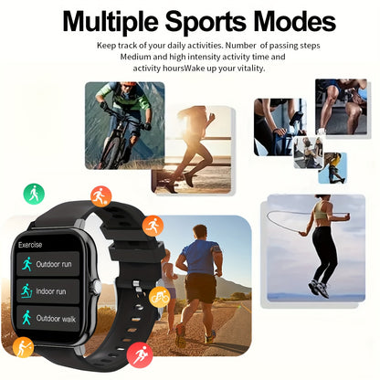 Zacharyer Full-Screen Touch Smartwatch with call alerts, multiple sports modes, Android & iPhone compatibility, lithium battery, modern square design, silicone band, colorful display